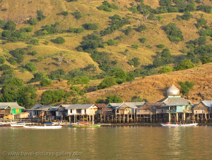 houses on stilts and a mosque on the beach