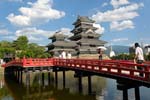 Matsumoto Castle, people crossing the red bridge
