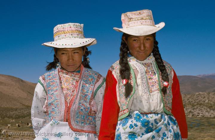 Aymara girls in festive dress, Arequipa, Peru