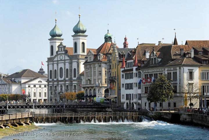 Lucerne, (Luzern), houses on the the waterfront, Jesuit Church