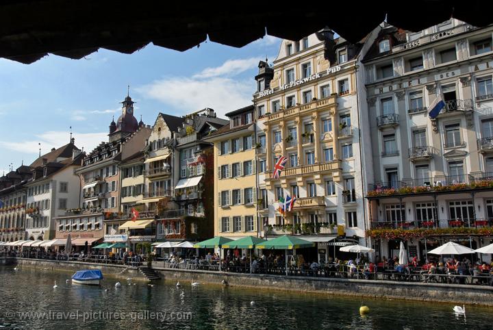 Lucerne, (Luzern), houses on the the waterfront, River Reuss