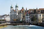 Lucerne, (Luzern), houses on the the waterfront, Jesuit Church